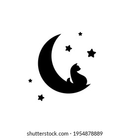 Media luna negra, estrellas y gato. Magia, fantasía. Aislado en blanco. Niños leyendo. Logo de Fairytale. 
Noche, cielo, sueño, símbolo del sueño. 