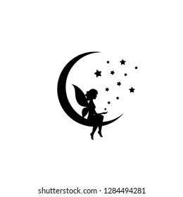 Black half moon and stars and fairy. Magic, fantasy. Isolated on white. Flat design. Vector illustration. Children reading. Fairytale logo. 