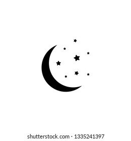 Black half moon and stars isolated on white. Night, sky, dream, sleep symbol. Flat design. Vector illustration. Fairytale, fantasy logo. 