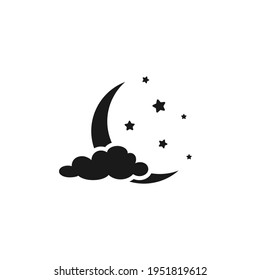 Black half moon and stars isolated on white. Night, sky, dream, sleep symbol. Flat design. Vector illustration. Fairytale, fantasy logo. 