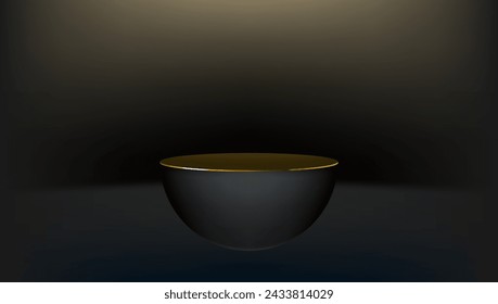 Black Half Sphere Podium With Golden Line In Dark Room. EPS10 Vector