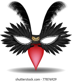 black halfmask with feathers
