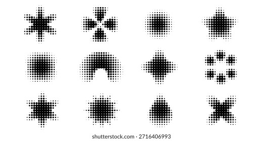 Conjunto de forma abstracta de semitono negro hecho de puntos. Símbolos geométricos e iconos en estilo retro pop art, aislados sobre fondo blanco. Ideal para el diseño, impresión, marca, cartel