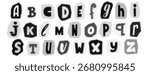 Black halftone alphabet. Retro pixelated letters design. Comic pop art cut out font. Old-fashioned newspapers typography set. Grunge textured dotted abc. Rasterized bitmap English alphabet. Vector