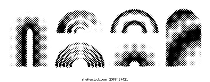 Black halftone arch collection. Pixel 8 bit gradient arc set. Dotted pop art curve element bundle for collage, graphic design template, banner, poster, flyer. Vector comic halftone bitmap pack
