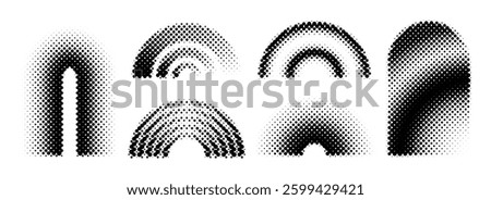 Black halftone arch collection. Pixel 8 bit gradient arc set. Dotted pop art curve element bundle for collage, graphic design template, banner, poster, flyer. Vector comic halftone bitmap pack
