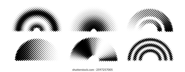 Black halftone arch collection. Pixelated 8 bit gradient arc set. Dotted pop art curve element bundle for collage, graphic design template, banner, poster, flyer. Vector comic bitmap warp pack