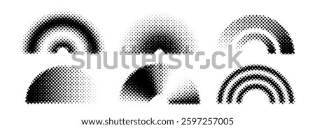 Black halftone arch collection. Pixelated 8 bit gradient arc set. Dotted pop art curve element bundle for collage, graphic design template, banner, poster, flyer. Vector comic bitmap warp pack