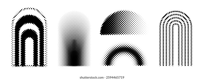 Black halftone arch set. Different pixelated gradient arc collection. Dotted pop art curved element bundle for collage, graphic design template, banner, poster. Vector comic bitmap 8 bit arches pack