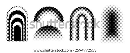 Black halftone arch set. Different pixelated gradient arc collection. Dotted pop art curve element bundle for collage, graphic design template, banner, poster. Vector comic bitmap 8 bit warp pack