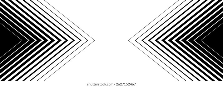 Black halftone arrow pattern. Repeated fading triangle gradation background. Arrows pointing in center direction backdrop. Vector thin to thick speed line concept texture for poster, cover, banner