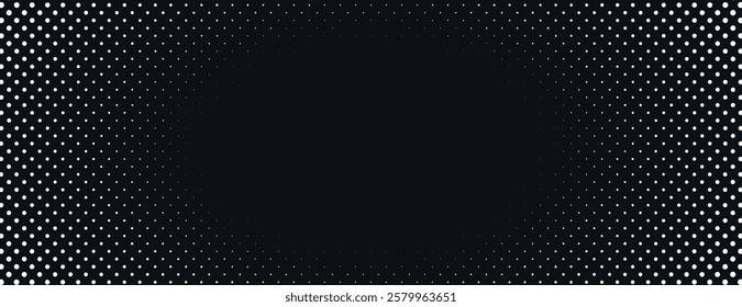 Black halftone background with a dotted pattern. The background features a gradient of white dots, creating a textured black and white effect. Minimal halftone vector gradient background