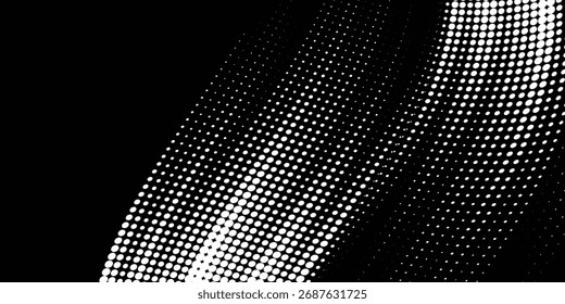 Una Plantilla de diseño de Anuncio semitono negro con líneas de velocidad abstractas. Un patrón de punto semitono blanco con una textura grunge. Una tira cómica deportiva, de arte pop con puntos blancos y negros, moderna.