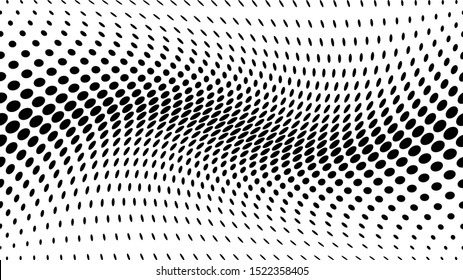 Black halftone bilinear horizontal gradient line of dots in diagonal arrangement on white background. Retro abstract vector design element.