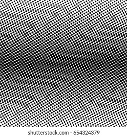 Black halftone bilinear horizontal gradient line of dots in wavy arrangement on white background. Retro abstract vector design element.