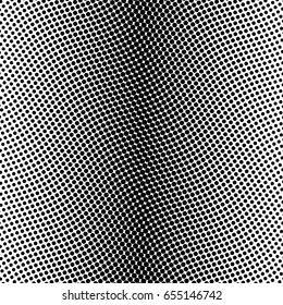 Black halftone bilinear vertical gradient line of dots in wavy arrangement on white background. Retro abstract vector design element.