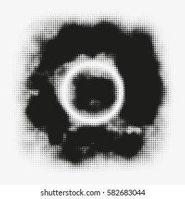 Black halftone circle. Modern vector artistic illustration. Abstract monochrome round shape made of dots. Splattered particles with different size. Element of trendy design.