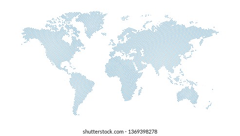 Black halftone circled dotted blue world map. Vector illustration. Dotted map in flat design. Vector illustration isolated on white background