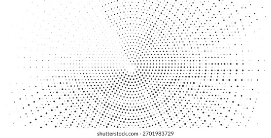 Fundo de padrão espiral circular de meio-tom preto, design de pontos geométricos abstratos, textura de ilusão óptica, simetria vetorial digital moderna com perspectiva radial dinâmica