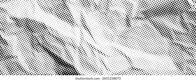 Black halftone crumpled paper texture. Creased paper sheet wallpaper. Comic pop art grainy crumple overlay. Dotted rough wrinkled background. Aged damaged gritty page surface in cartoon style. Vector