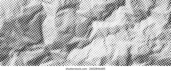 Black halftone crumpled paper wallpaper. Creased paper sheet texture. Comic pop art grainy crumple overlay. Dotted rough wrinkled background. Aged damaged grit page surface in cartoon style. Vector