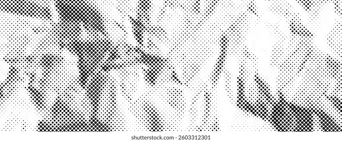Black halftone crumpled paper wallpaper. Wrinkled paper sheet texture. Comic pop art grainy crumple overlay. Dotted rough creased background. Aged damaged grit page surface in cartoon style. Vector
