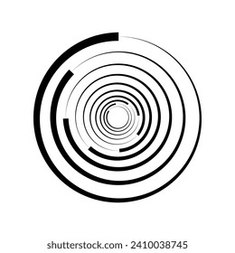 Black halftone dashed speed swirl line. Design element for frame, vortex, logo, tattoo, web pages, prints, posters, template. Speed ​​line in the shape of a circle. Abstract vector background.