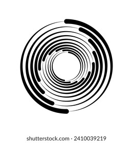 Black halftone dashed speed swirl line. Design element for frame, vortex, logo, tattoo, web pages, prints, posters, template. Speed ​​line in the shape of a circle. Abstract vector background.