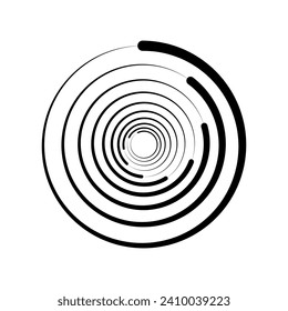 Black halftone dashed speed swirl line. Design element for frame, vortex, logo, tattoo, web pages, prints, posters, template. Speed ​​line in the shape of a circle. Abstract vector background.