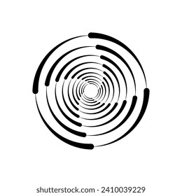 Black halftone dashed speed swirl line. Design element for frame, vortex, logo, tattoo, web pages, prints, posters, template. Speed ​​line in the shape of a circle. Abstract vector background.