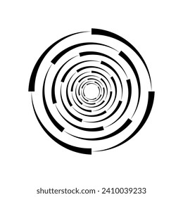 Black halftone dashed speed swirl line. Design element for frame, vortex, logo, tattoo, web pages, prints, posters, template. Speed ​​line in the shape of a circle. Abstract vector background.