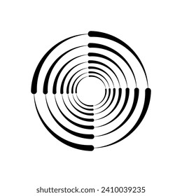 Black halftone dashed speed swirl line. Design element for frame, vortex, logo, tattoo, web pages, prints, posters, template. Speed ​​line in the shape of a circle. Abstract vector background.