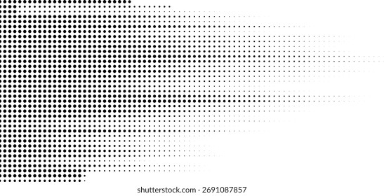 Black halftone directional pattern fading from dark to light, geometric dotted abstract texture suitable for tech and modern design themes