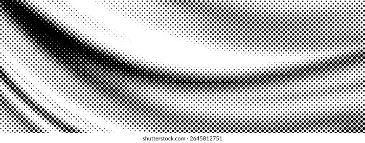 Black halftone dot wave pattern. Abstract grain fluid texture background. Dotted grit curve wallpaper. Rasterized undulate swoosh overlay for poster, leaflet, booklet, banner, brochure, flyer