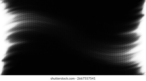 Schwarze Rasterpunkte, abstraktes Wellenmuster mit Farbverlauf-Fade. Fließender dynamischer strukturierter Effekt.