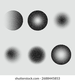 Planos de fundo de pontos de meio tom pretos definidos. Meio-tom de pontos, conjunto de meio-tom de círculo de gradiente de estilo de quadrinhos pop art. Ilustração vetorial