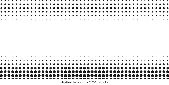 Fondo Horizontal del patrón del gradiente de los puntos del semitono negro, textura circular abstracta del desvanecimiento, disposición geométrica mínima moderna para el Anuncio del cartel o el diseño digital elegante