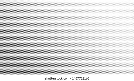 Black halftone dots on a white background create a distinctive pattern, using varying dot sizes and spacing to add depth and contrast. This simple yet striking design is versatile in art, print.