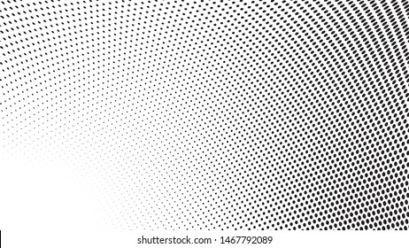 Black halftone dots on a white background create a distinctive pattern, using varying dot sizes and spacing to add depth and contrast. This simple yet striking design is versatile in art, print.