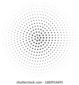 Black halftone dots on a white background create a distinctive pattern, using varying dot sizes and spacing to add depth and contrast. This simple yet striking design is versatile in art, print.