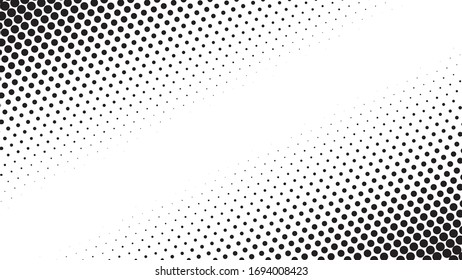 Black halftone dots on a white background create a distinctive pattern, using varying dot sizes and spacing to add depth and contrast. This simple yet striking design is versatile in art, print.