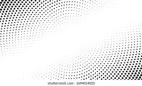 Black halftone dots on a white background create a distinctive pattern, using varying dot sizes and spacing to add depth and contrast. This simple yet striking design is versatile in art, print.