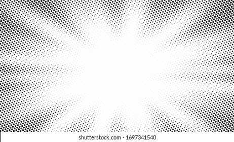 Black halftone dots on a white background create a distinctive pattern, using varying dot sizes and spacing to add depth and contrast. This simple yet striking design is versatile in art, print.