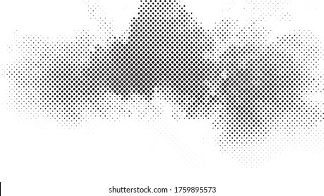 Black halftone dots on a white background create a distinctive pattern, using varying dot sizes and spacing to add depth and contrast. This simple yet striking design is versatile in art, print.