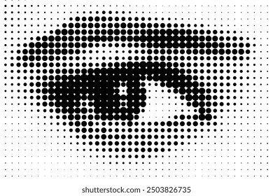 Black halftone dots on a white background create a distinctive pattern, using varying dot sizes and spacing to add depth and contrast. This simple yet striking design is versatile in art, print.