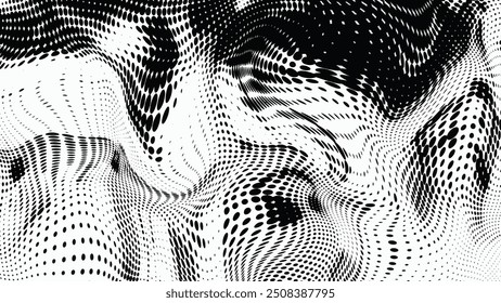 Black halftone dots on a white background create a distinctive pattern, using varying dot sizes and spacing to add depth and contrast. This simple yet striking design is versatile in art, print.