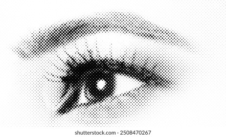 Ilustración de ojos estilizados de semitono intrincadamente detallados en blanco y negro de alto contraste con textura punteada, perfecto para los amantes del arte moderno, minimalista y Abstractas