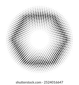 Black halftone dots on a white background create a distinctive pattern, using varying dot sizes and spacing to add depth and contrast. This simple yet striking design is versatile in art, print.