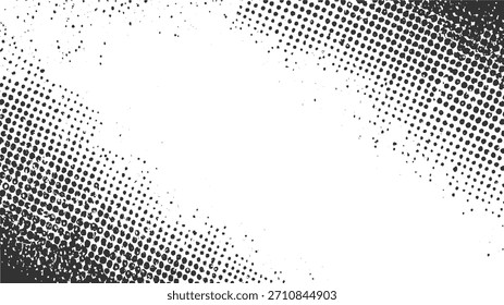 Black halftone dots on a white background with scattered small dots creating a textured effect.