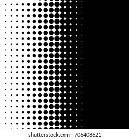 Black halftone dots on a white background create a distinctive pattern, using varying dot sizes and spacing to add depth and contrast. This simple yet striking design is versatile in art, print.